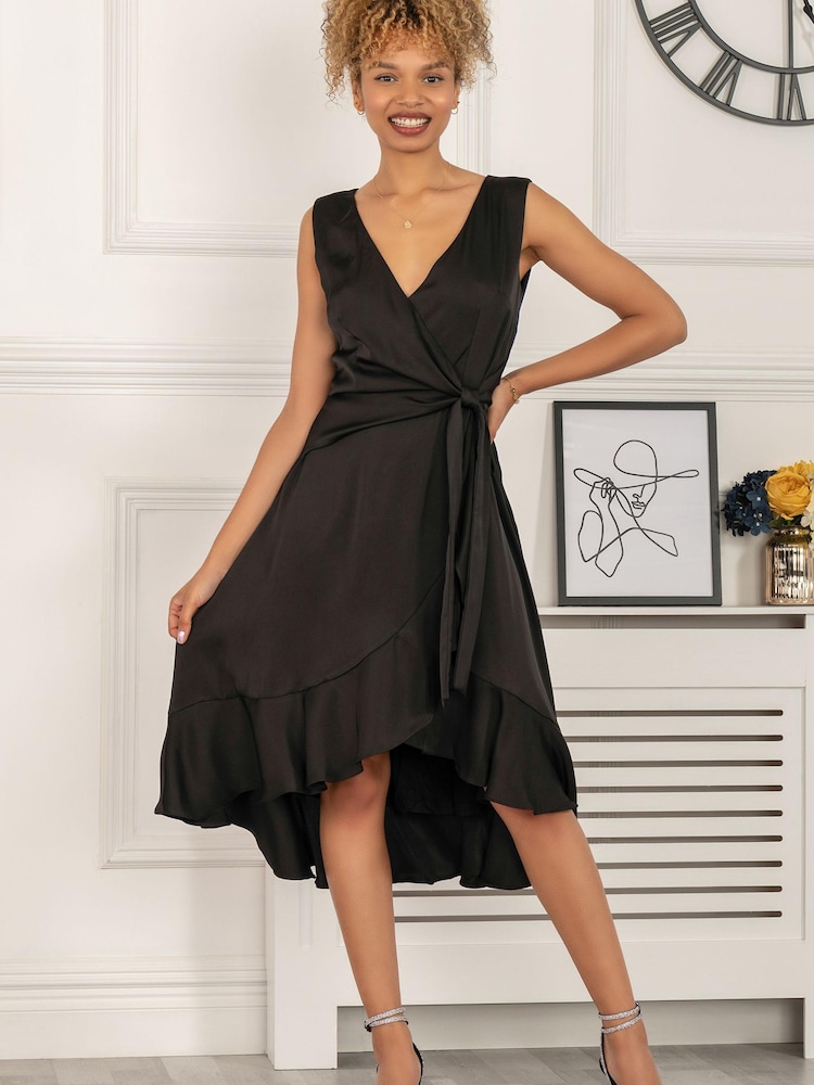 Jolie Moi Black Wrap Flounce Hem Sherlyn Dress - Image 1 of 5