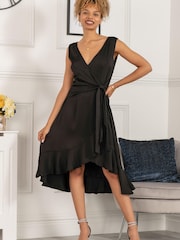 Jolie Moi Black Wrap Flounce Hem Sherlyn Dress - Image 3 of 5