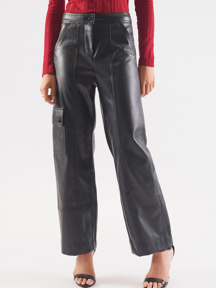 Black Faux Leather PU Cargo Trousers - Image 2 of 6