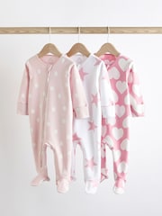Pink/White Two Way Zip 100% Cotton Baby Sleepsuits 3 Pack (0-3yrs) - Image 1 of 8