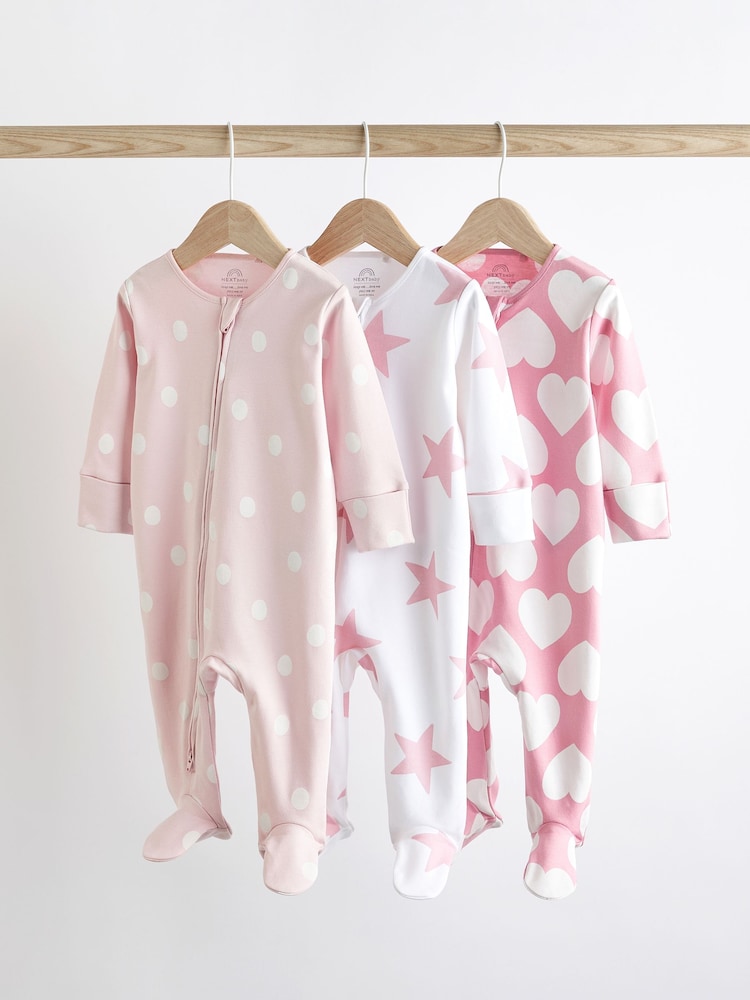 Pink/White Two Way Zip 100% Cotton Baby Sleepsuits 3 Pack (0-3yrs) - Image 1 of 8