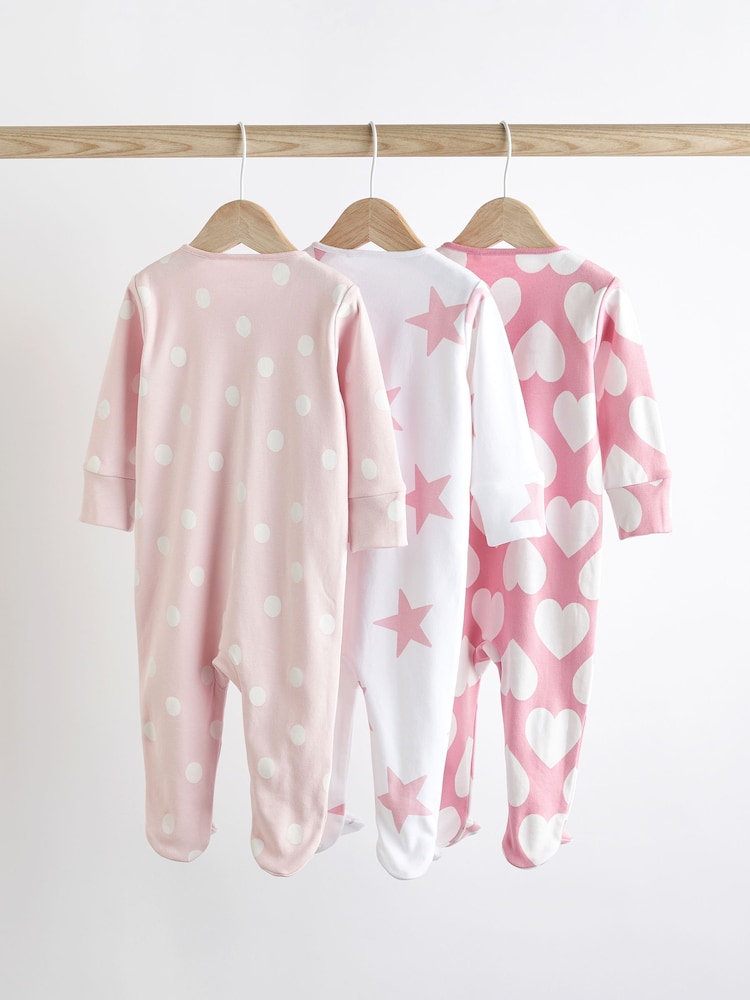 Pink/White Two Way Zip 100% Cotton Baby Sleepsuits 3 Pack (0-3yrs) - Image 2 of 8
