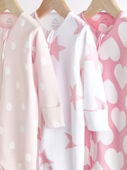 Pink/White Two Way Zip 100% Cotton Baby Sleepsuits 3 Pack (0-3yrs) - Image 3 of 8