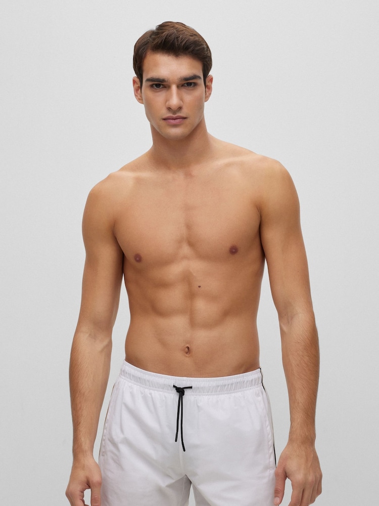 BOSS White Recycled Material Swim Shorts with Logo and Signature Stripe - Image 1 of 4