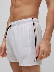 BOSS White Recycled Material Swim Shorts with Logo and Signature Stripe - Image 3 of 4