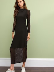 Black Long Sleeve Mesh Midi Dress - Image 1 of 5