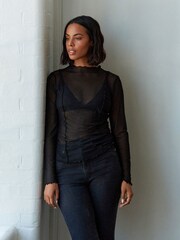 Black Long Sleeve Mesh Top - Image 1 of 6