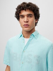 BOSS Blue Short Sleeve Linen Shirt - Image 4 of 6