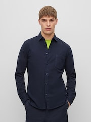 BOSS Dark Blue Garment Dyed Slim Fit Jersey Cotton Long Sleeve Shirt - Image 1 of 7