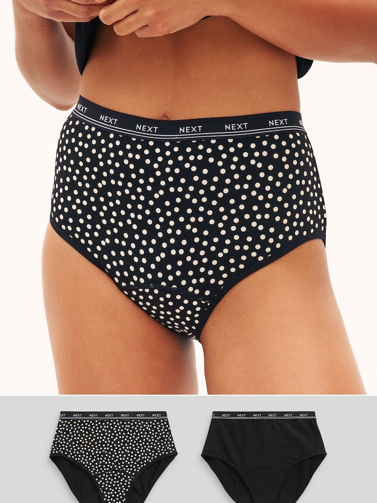 Black Spot Print Full Brief Medium Flow Period Knickers 2 Pack - Image 1 of 9 Black Spot Print Full Brief Medium Flow Period Knickers 2 Pack - Image 1 of 9