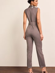 Mink Brown Sleeveless Wrap Jumpsuit - Image 3 of 6