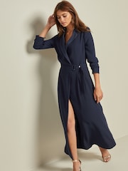 Navy Blue Tailored Crepe Long Sleeve Wrap Dress - Image 1 of 5
