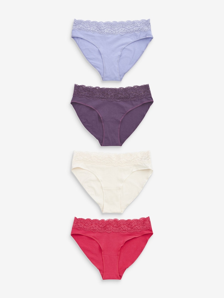 Pink/Purple/Cream High Leg Cotton and Lace Knickers 4 Pack - Image 1 of 9