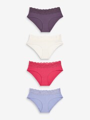 Pink/Purple/Cream Short Cotton and Lace Knickers 4 Pack - Image 1 of 9