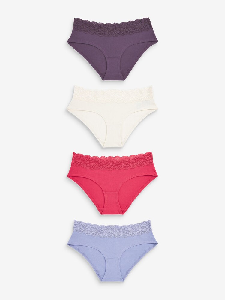 Pink/Purple/Cream Short Cotton and Lace Knickers 4 Pack - Image 1 of 9