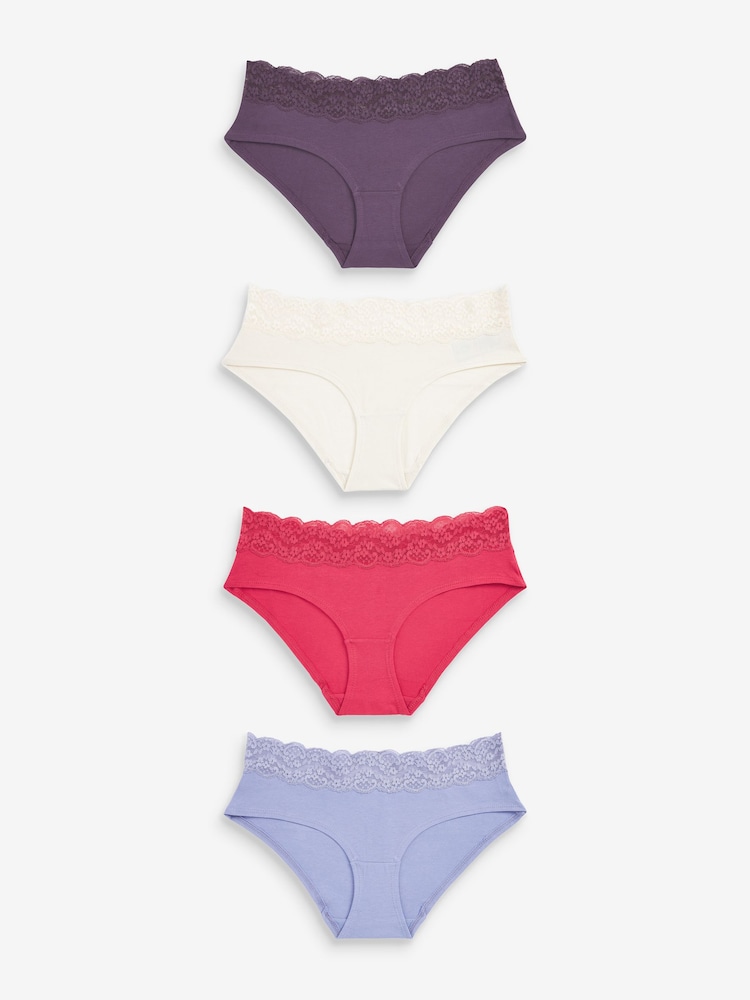 Rosa/Violett/Creme - Slips aus Baumwolle und Spitze 4er-Pack - Bild 1 von 9 Rosa/Violett/Creme - Slips aus Baumwolle und Spitze 4er-Pack - Bild 1 von 9