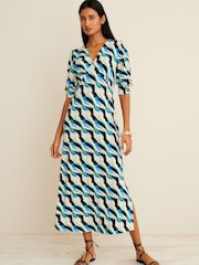 Blue Print Short Sleeve V-Neck Midi Day Dress - Image 1 of 6