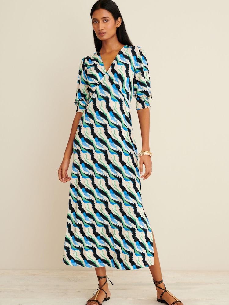 Blue Print Short Sleeve V-Neck Midi Day Dress - Image 1 of 6
