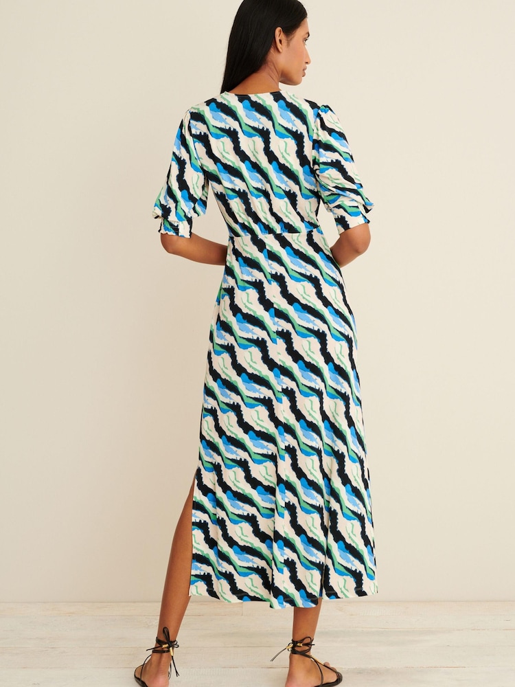 Blue Print Short Sleeve V-Neck Midi Day Dress - Image 2 of 6