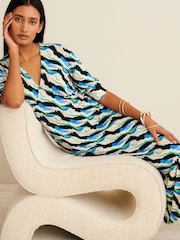 Blue Print Short Sleeve V-Neck Midi Day Dress - Image 3 of 6