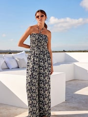 Black Ditsy Shirred Bandeau Jumpsuit - Image 3 of 7