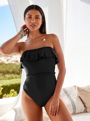 Black Frill Plaited Bandeau Tummy Shaping Control Swimsuit - Image 1 of 4