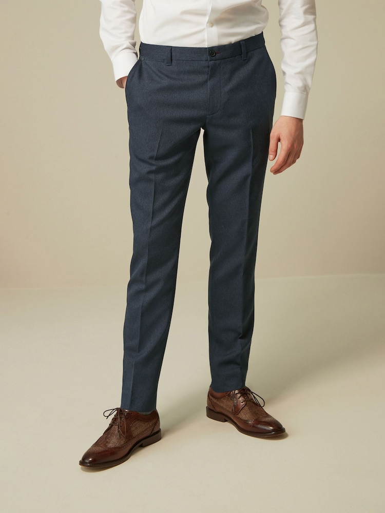 Navy Blue Slim Trimmed Herringbone Textured Trousers - Image 1 of 10 Navy Blue Slim Trimmed Herringbone Textured Trousers - Image 1 of 10