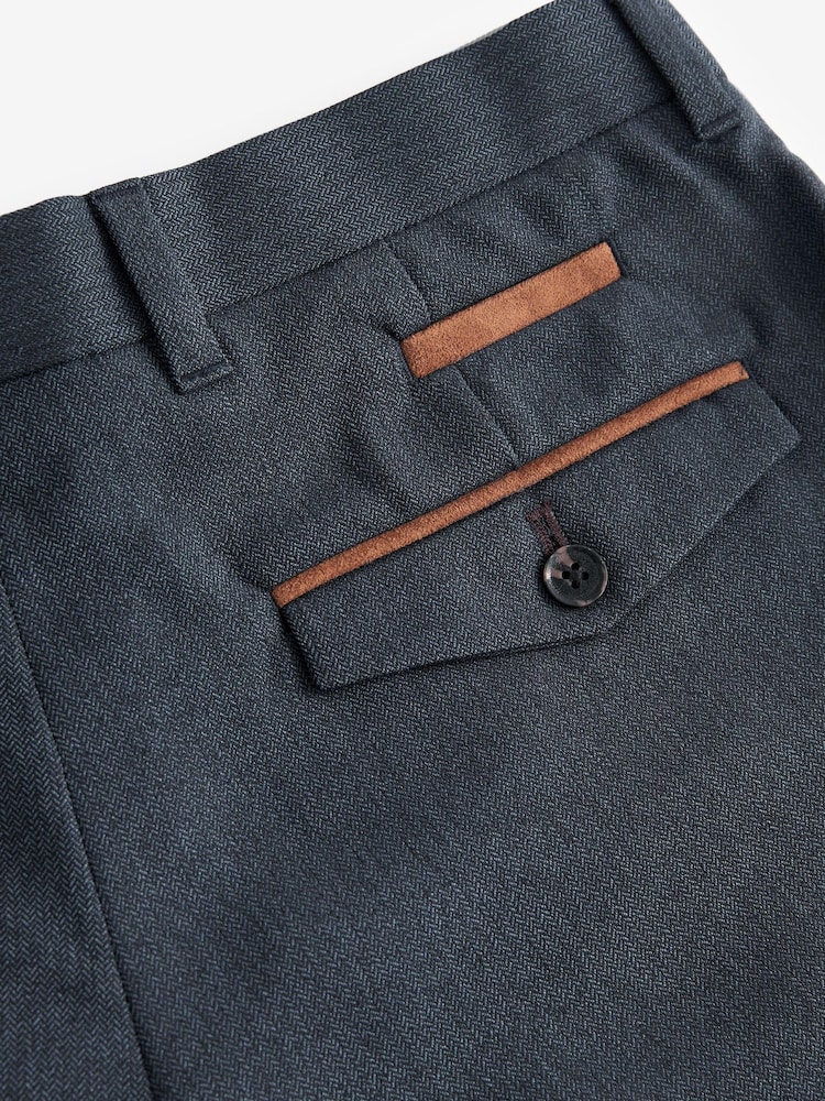 Navy Blue Slim Trimmed Herringbone Textured Trousers - Image 10 of 10