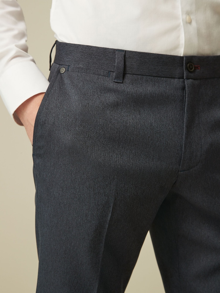 Navy Blue Slim Trimmed Herringbone Textured Trousers - Image 2 of 10