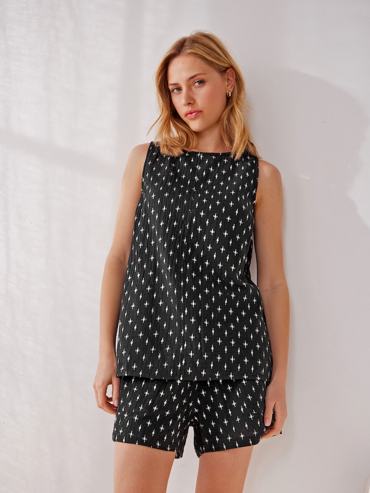Black Cotton Crinkle Vest - Image 1 of 8