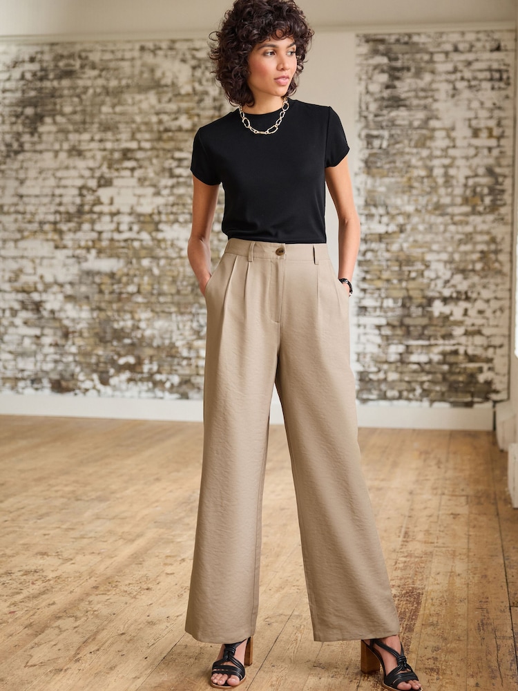 Mink Brown Tailored Elastic Back Wide Leg Trousers - Image 1 of 7