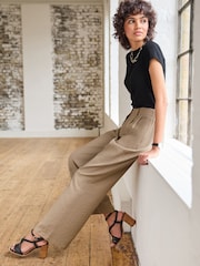 Mink Brown Tailored Elastic Back Wide Leg Trousers - Image 2 of 7