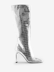 Mirror Silver Croc Effect Square Toe Slim Leg Boots - Image 5 of 9