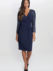 Gina Bacconi Blue Alberta Short Surplice Neckline Sheath Dress With Embroidered Illusion - Image 3 of 5
