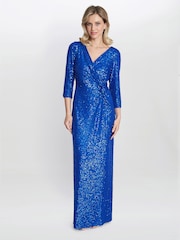 Gina Bacconi Blue Jacynda Sequin 3/4 Sleeve Wrap Dress With Twist - Image 1 of 5