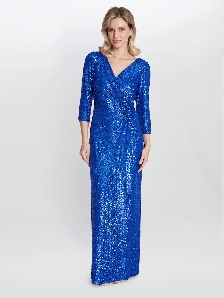 Gina Bacconi Blue Jacynda Sequin 3/4 Sleeve Wrap Dress With Twist - Image 1 of 5