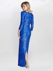 Gina Bacconi Blue Jacynda Sequin 3/4 Sleeve Wrap Dress With Twist - Image 2 of 5