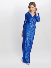 Gina Bacconi Blue Jacynda Sequin 3/4 Sleeve Wrap Dress With Twist - Image 3 of 5