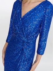 Gina Bacconi Blue Jacynda Sequin 3/4 Sleeve Wrap Dress With Twist - Image 4 of 5