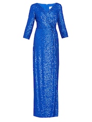 Gina Bacconi Blue Jacynda Sequin 3/4 Sleeve Wrap Dress With Twist - Image 5 of 5