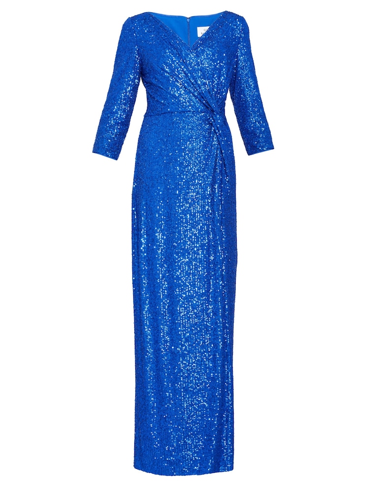Gina Bacconi Blue Jacynda Sequin 3/4 Sleeve Wrap Dress With Twist - Image 5 of 5