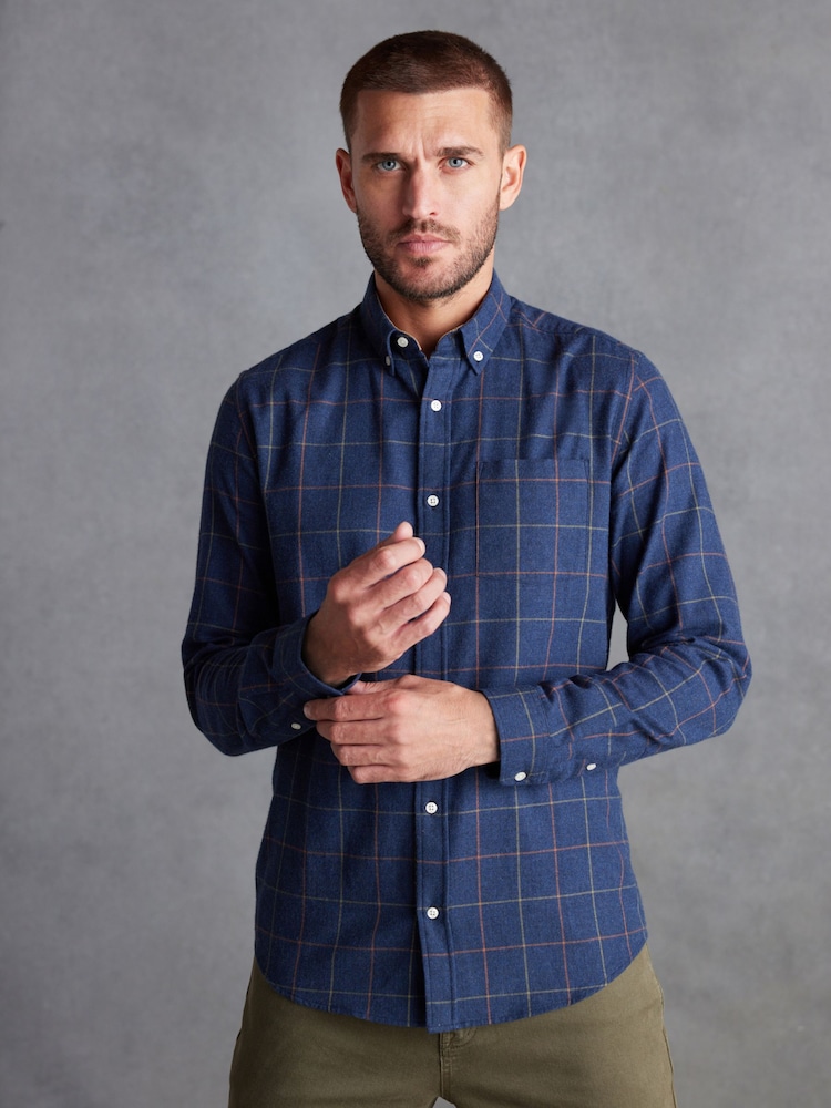 Navy Blue Signature Brushed Flannel Check Shirt - Image 1 of 9