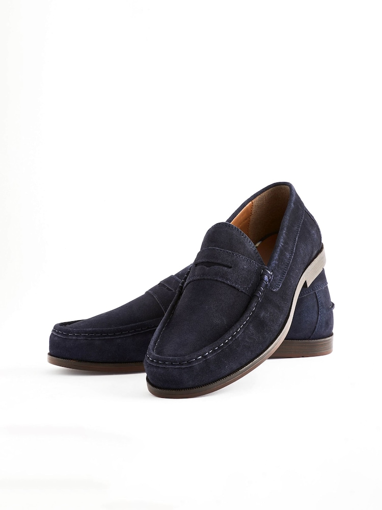Navy Blue Suede Wide Fit Penny Loafers - Image 4 of 6