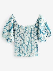 Bleu sarcelle imprimé feuille - Haut d’été en 100 % coton à manches bouffantes et épaules dénudées - Image 5 de 6