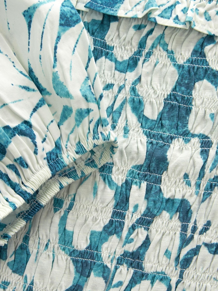 Bleu sarcelle imprimé feuille - Haut d’été en 100 % coton à manches bouffantes et épaules dénudées - Image 6 de 6