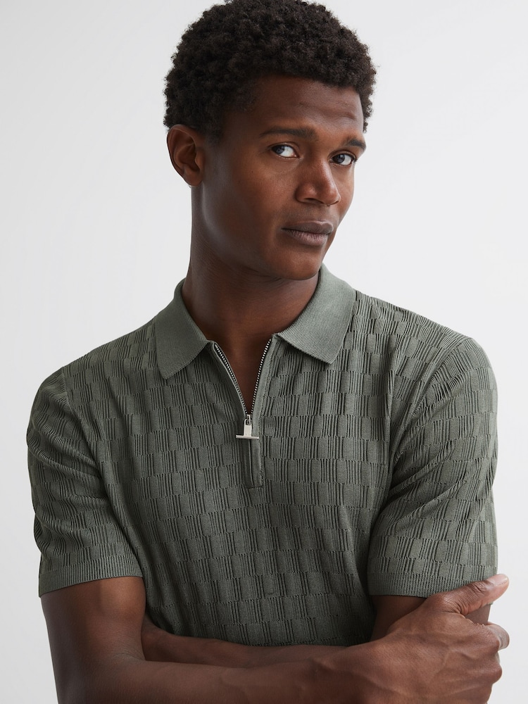 Reiss Sage Green Ubud Half-Zip Textured Polo T-Shirt - Image 1 of 5