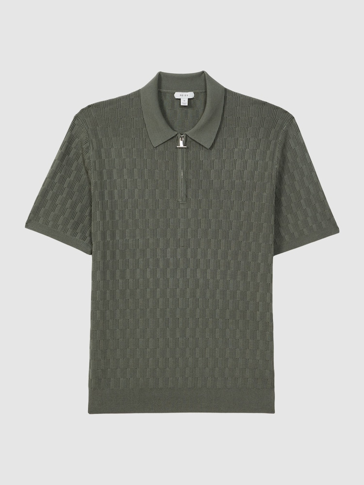 Reiss Sage Green Ubud Half-Zip Textured Polo T-Shirt - Image 2 of 5