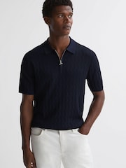 Reiss Navy Ubud Half-Zip Textured Polo T-Shirt - Image 1 of 5
