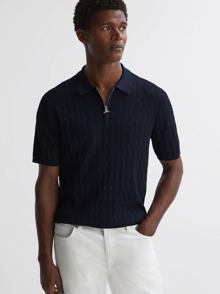 Reiss Navy Ubud Half-Zip Textured Polo T-Shirt - Image 1 of 5
