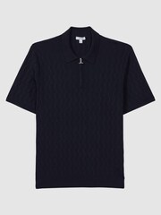 Reiss Navy Ubud Half-Zip Textured Polo T-Shirt - Image 2 of 5